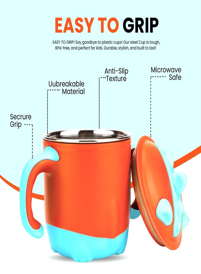 ONE AND ONLY Sipper Cup & Water Bottle with Handle for Babies, Dino Theme Steel Spill Proof Training Toddlers & Kids | 220ml BPA-Free Feeding Sippy Cup (Orange) - Image 2